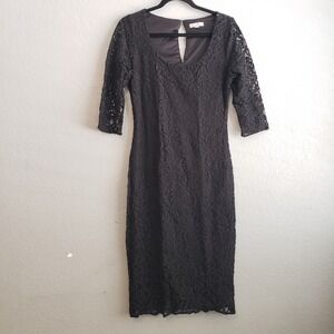 Eva Mendes NY&Co Black Floral Lace Sheath Dress 3/4 Sleeve Size 8